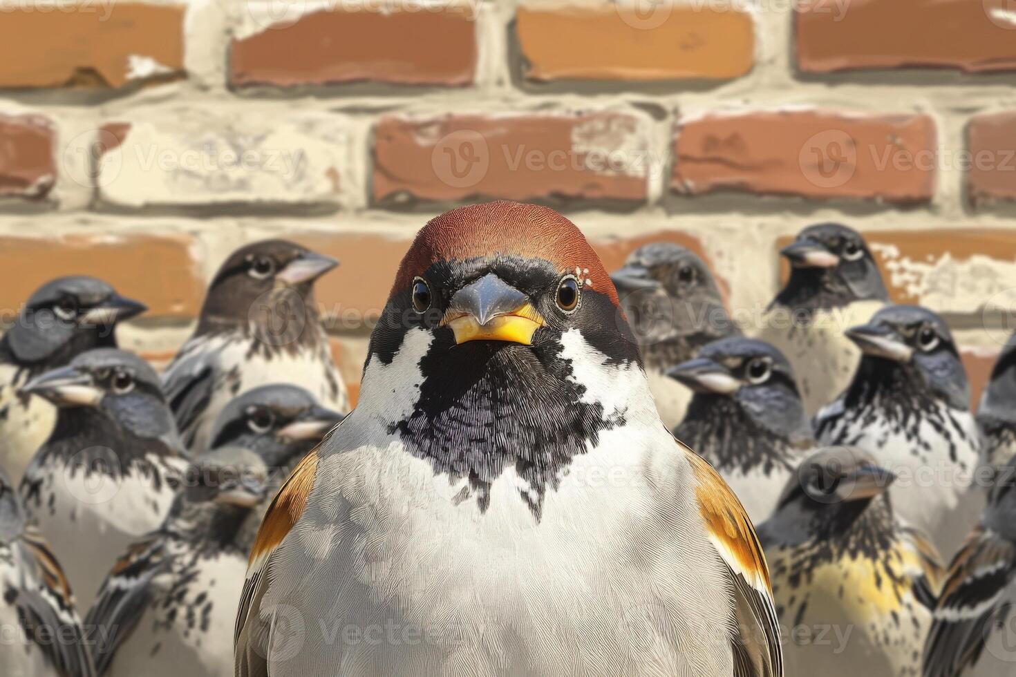 A group of birds standing in front of a brick wall photo