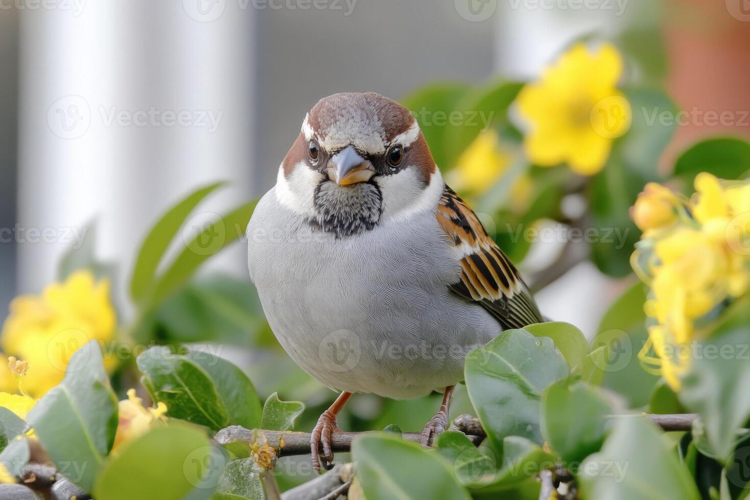 A bird sitting on a branch with yellow flowers photo