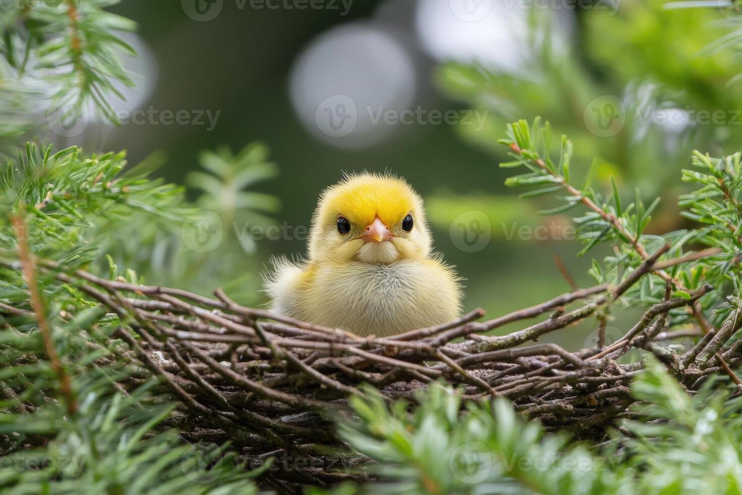 A baby chick is sitting in a nest in a tree photo