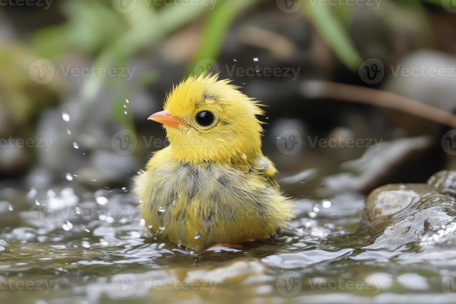 A small yellow bird is standing in a stream photo