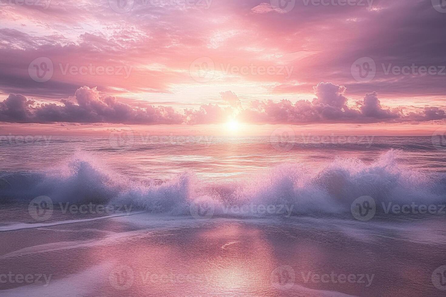 A beautiful sunset over the ocean with waves crashing photo