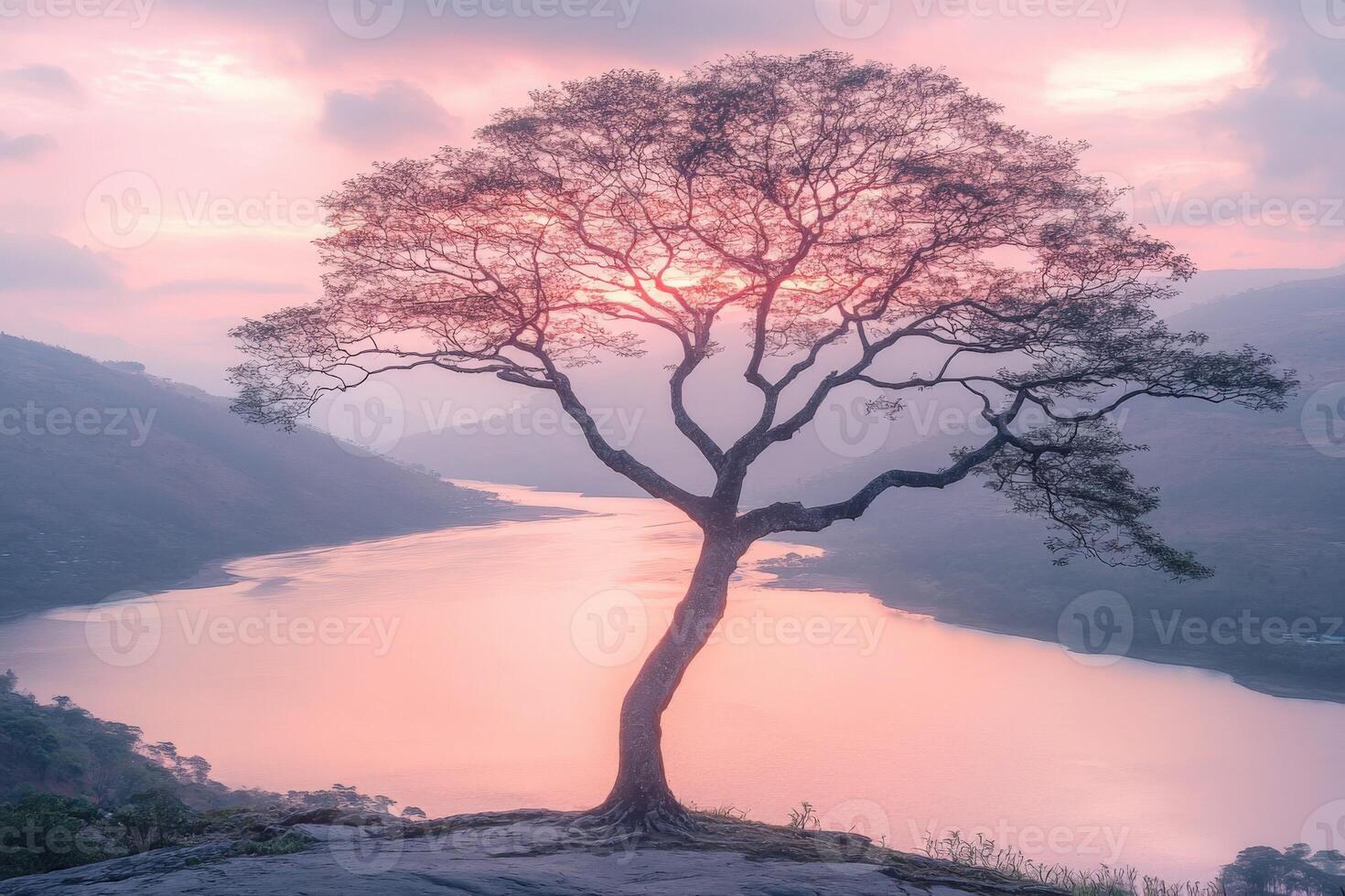 A lone tree stands on a hill overlooking a lake photo