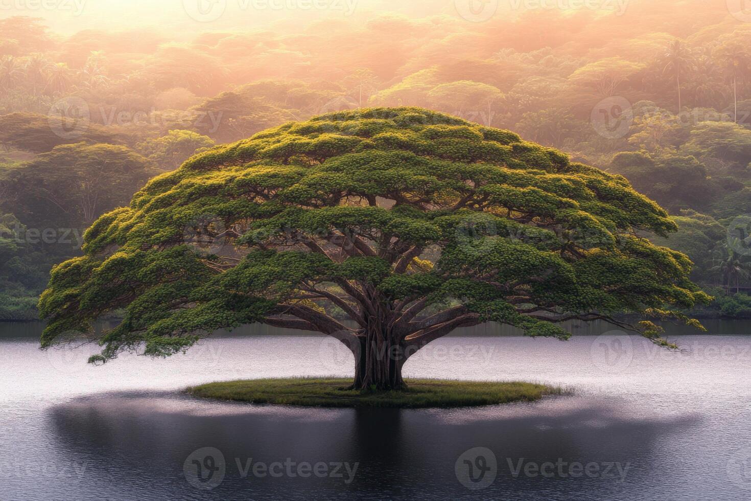 A tree is standing on a small island in the middle of a lake photo