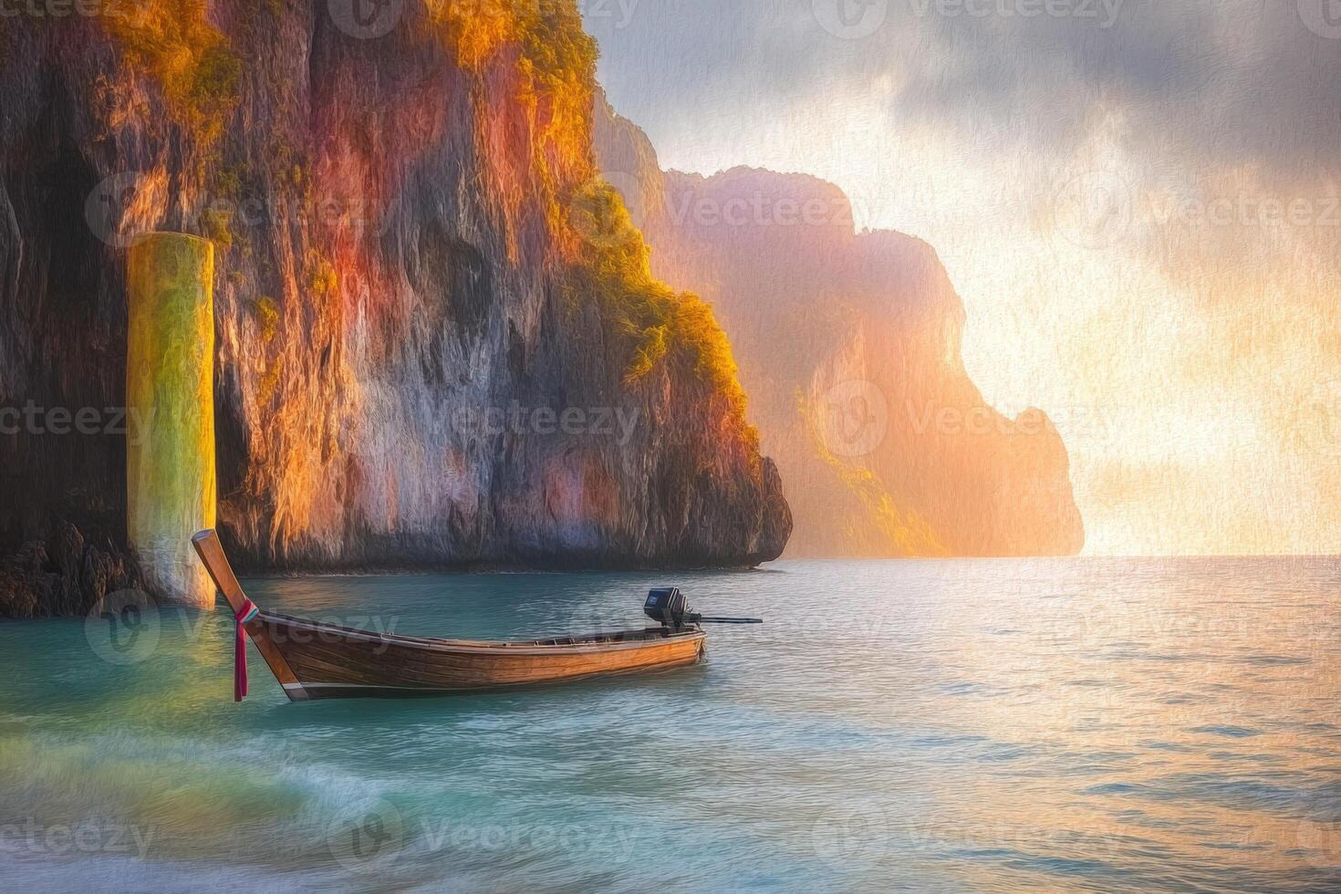 A boat in the ocean near cliffs photo