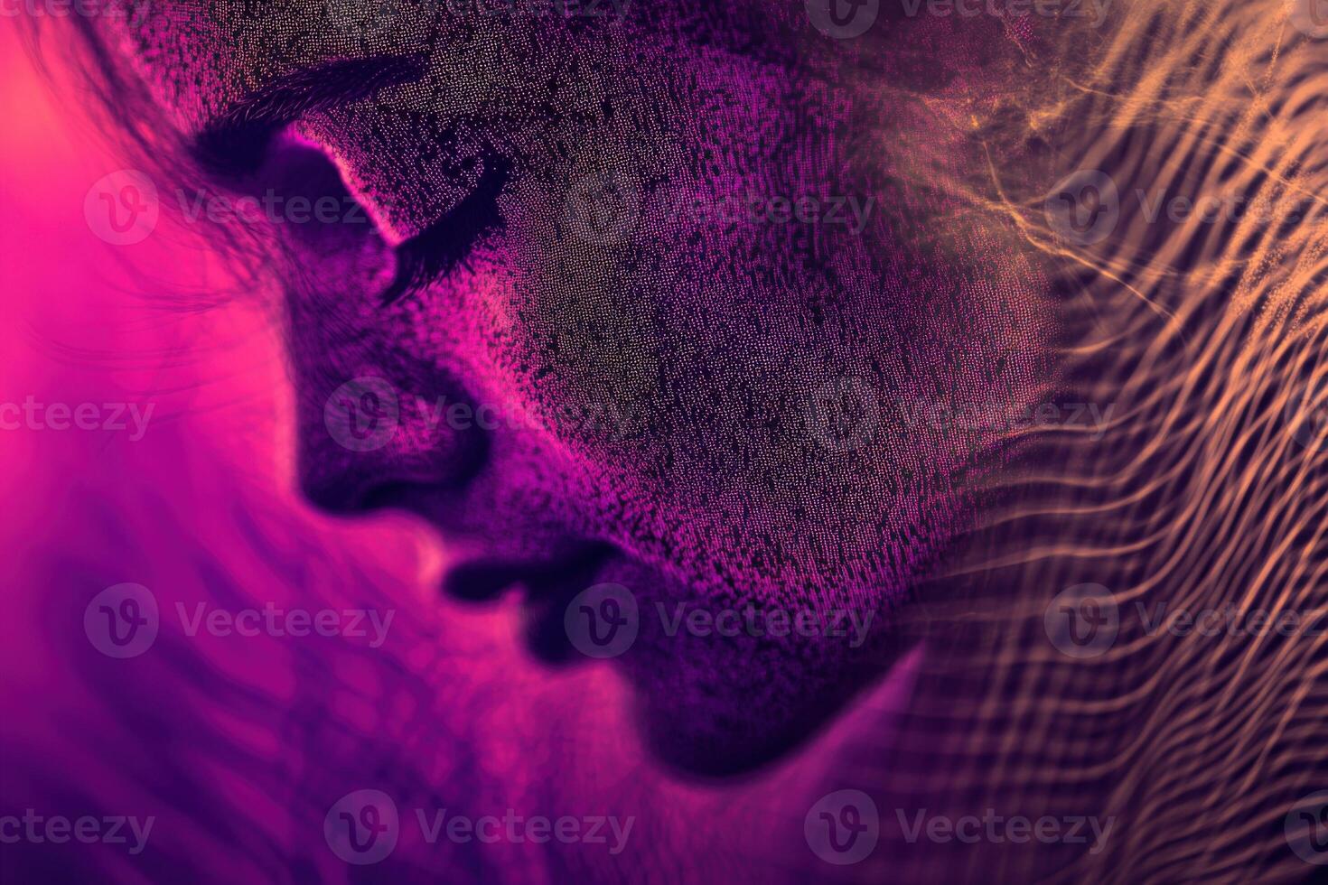 A woman's face is shown in a purple and pink background photo