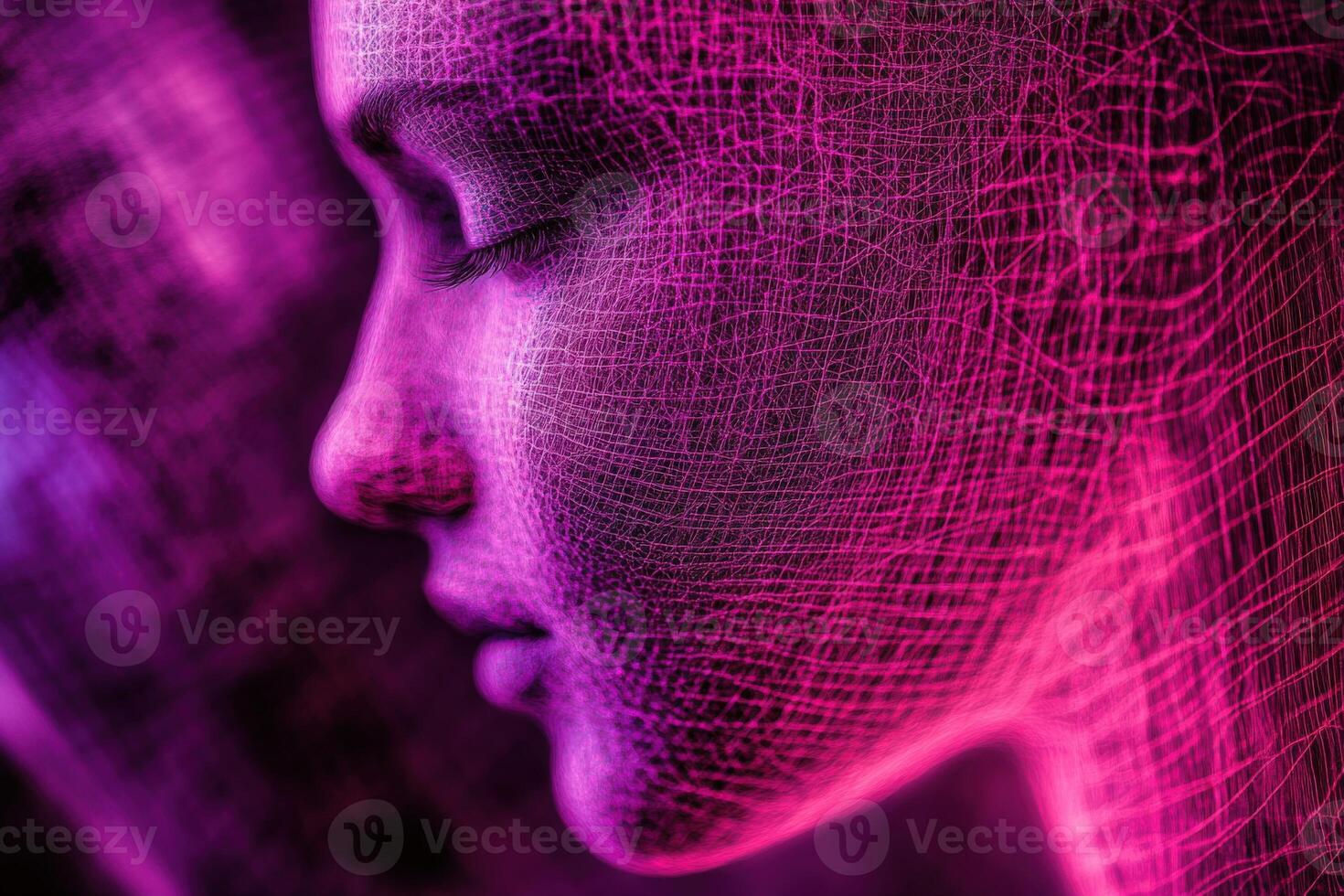 A woman's face is shown in a purple background photo