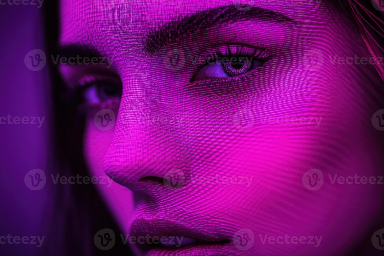 A woman with purple makeup and a purple background photo