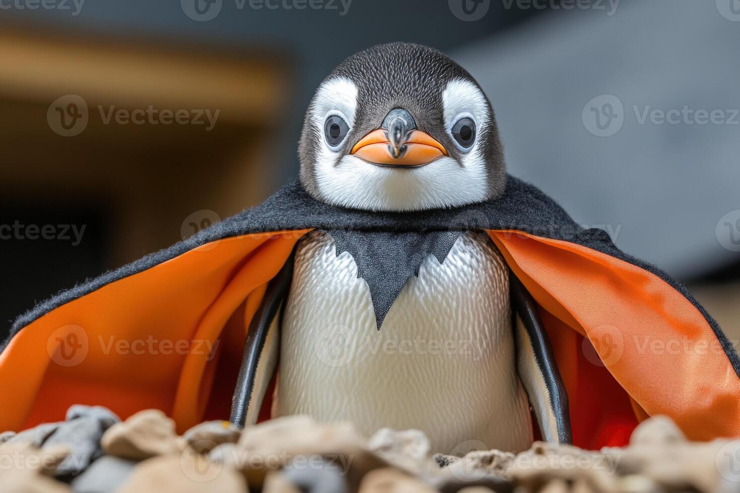 A penguin wearing an orange cape and black hat photo