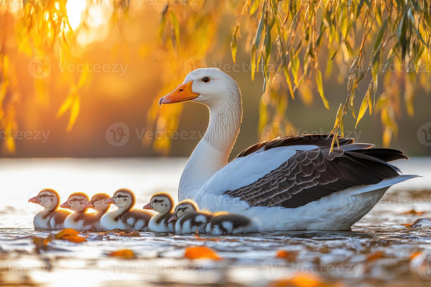 A goose and her babies are in the water photo