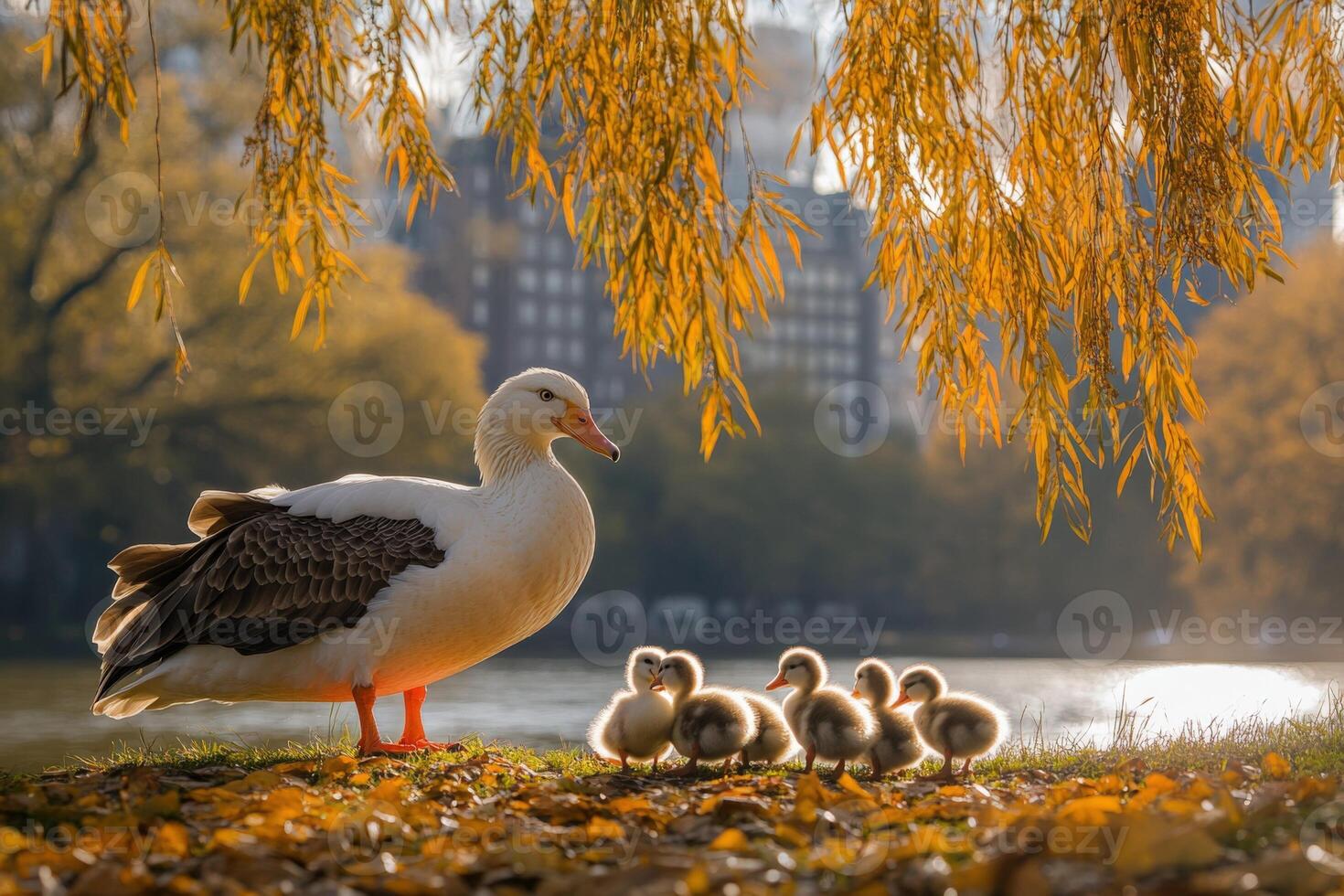 A goose and her babies are standing in front of a tree photo