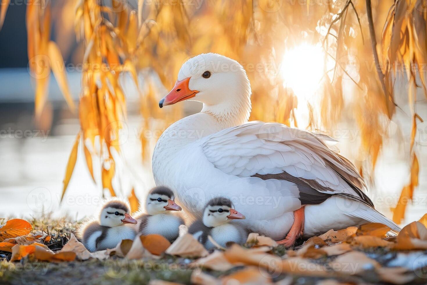 A white duck with her babies by the water photo