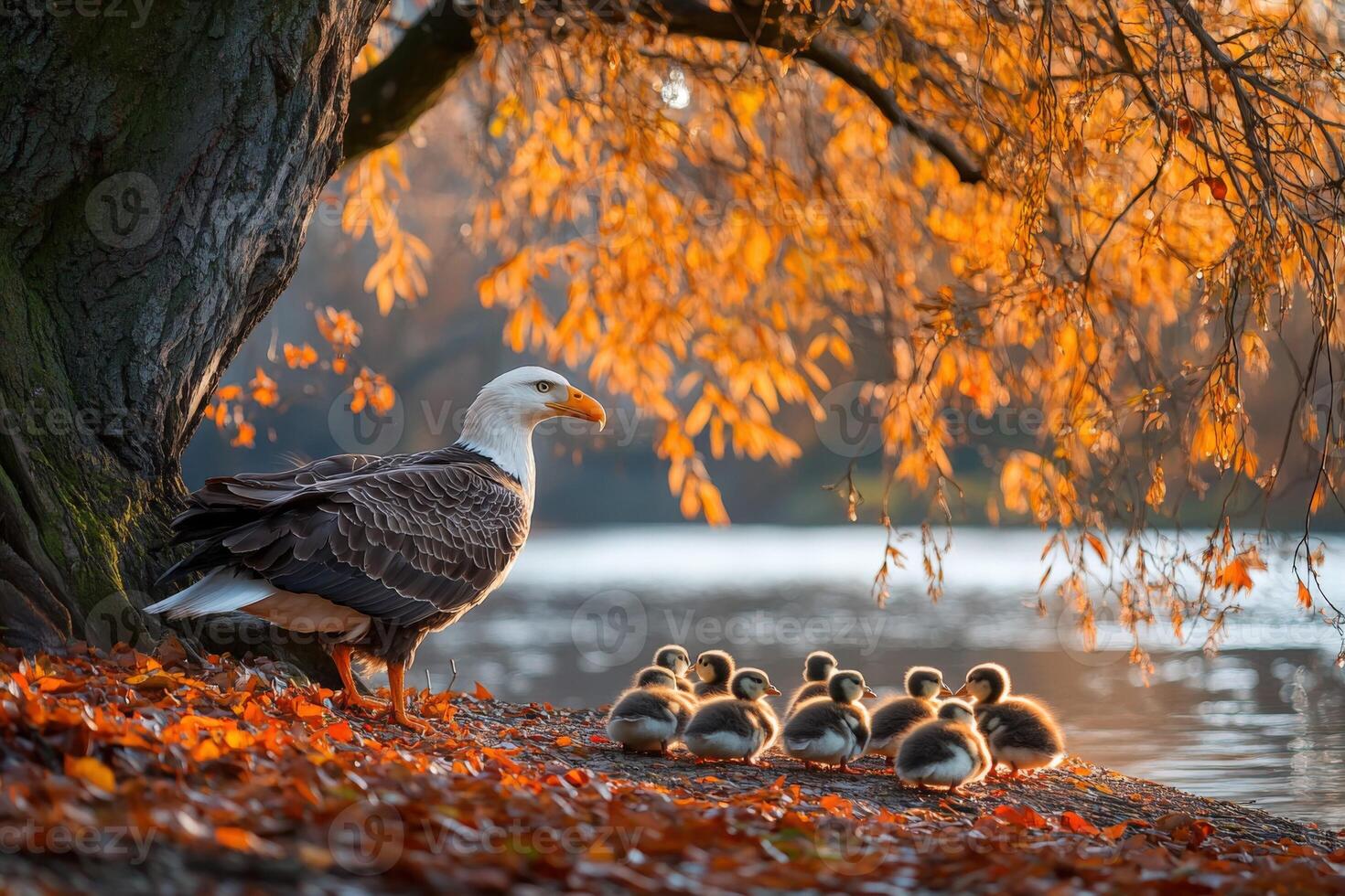 A bald eagle with her young on the shore of a lake photo