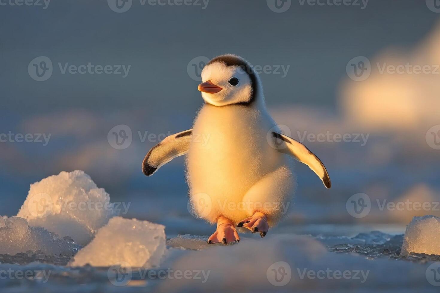 A baby penguin walking on ice in the ocean photo