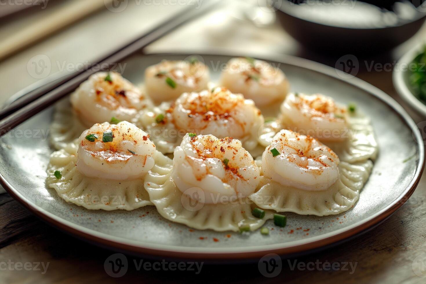 Shrimp dumplings on a plate with chopsticks photo