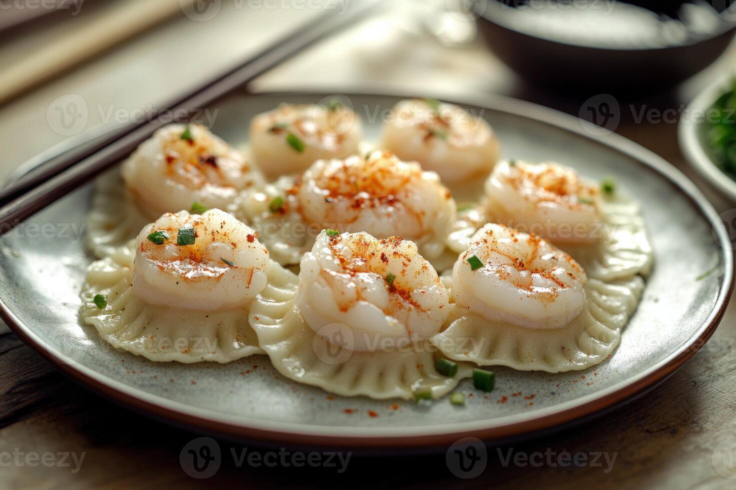 Shrimp dumplings on a plate with chopsticks photo