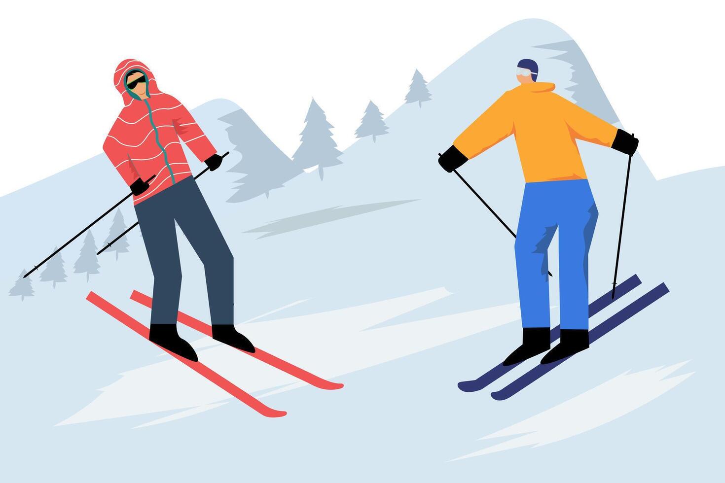 Winter Activities Two Skiers Gliding on Snowy Mountain Slopes vector