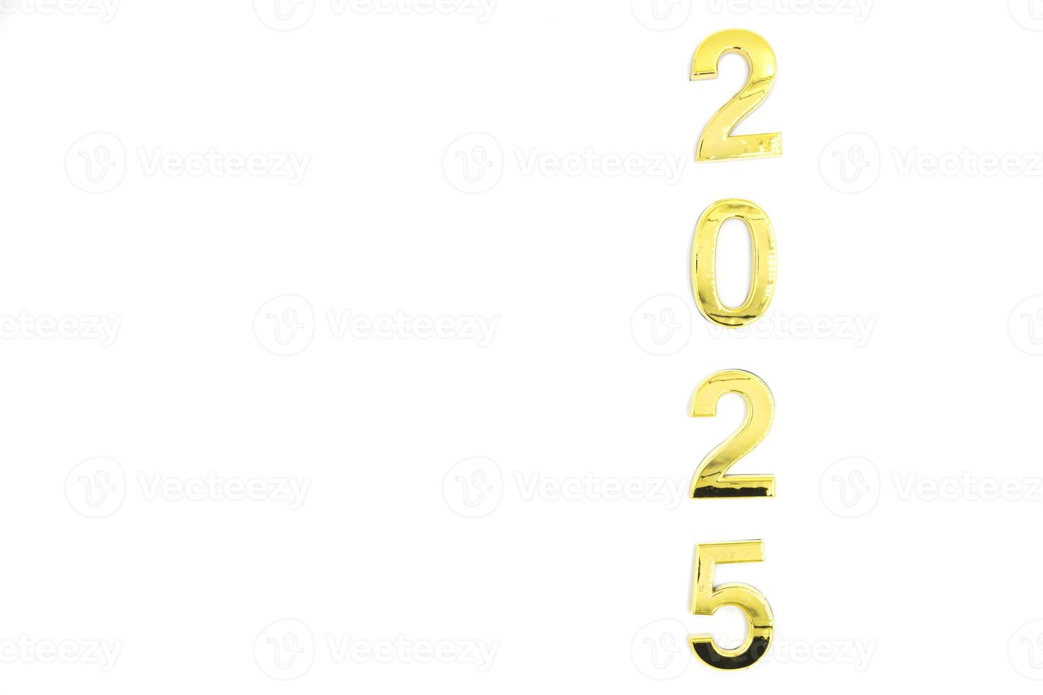 Gold 2025 numerals on a white background. 2025 New Years Eve Celebration, Holiday background Happy New Year 2025. Numbers of year 2025, celebrating New Year holiday, Space for text photo
