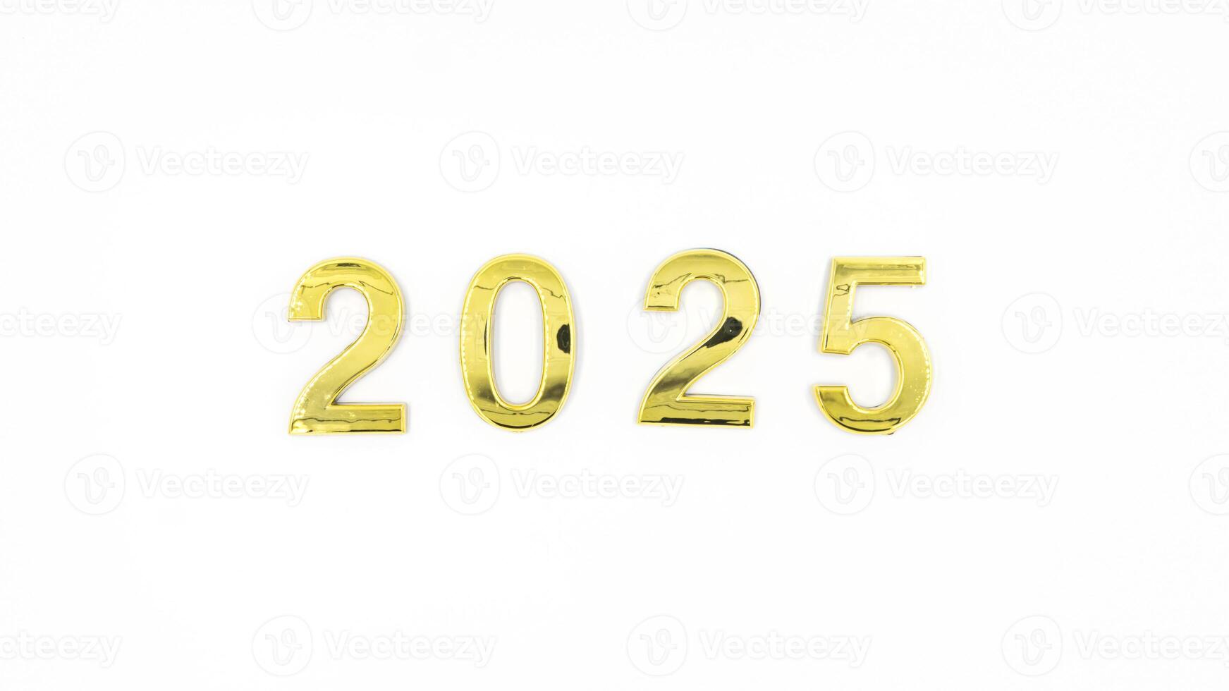 Gold 2025 numerals on a white background. 2025 New Years Eve Celebration, Holiday background Happy New Year 2025. Numbers of year 2025, celebrating New Year holiday, Space for text photo