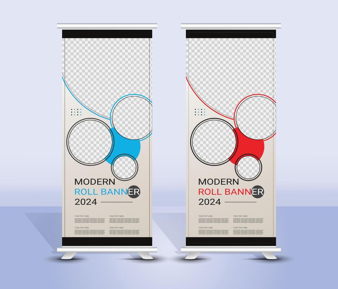 Blue and red roll up banner template design vector