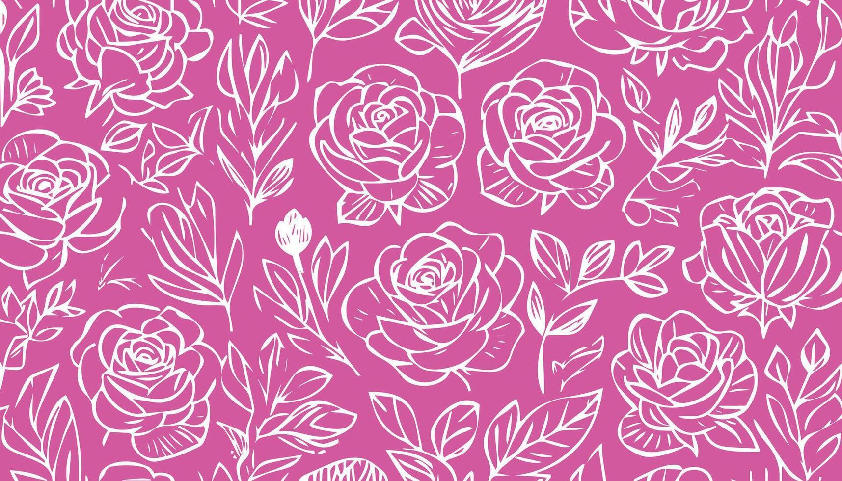 Seamless outlined rose and petal pattern with fuchsia background vector