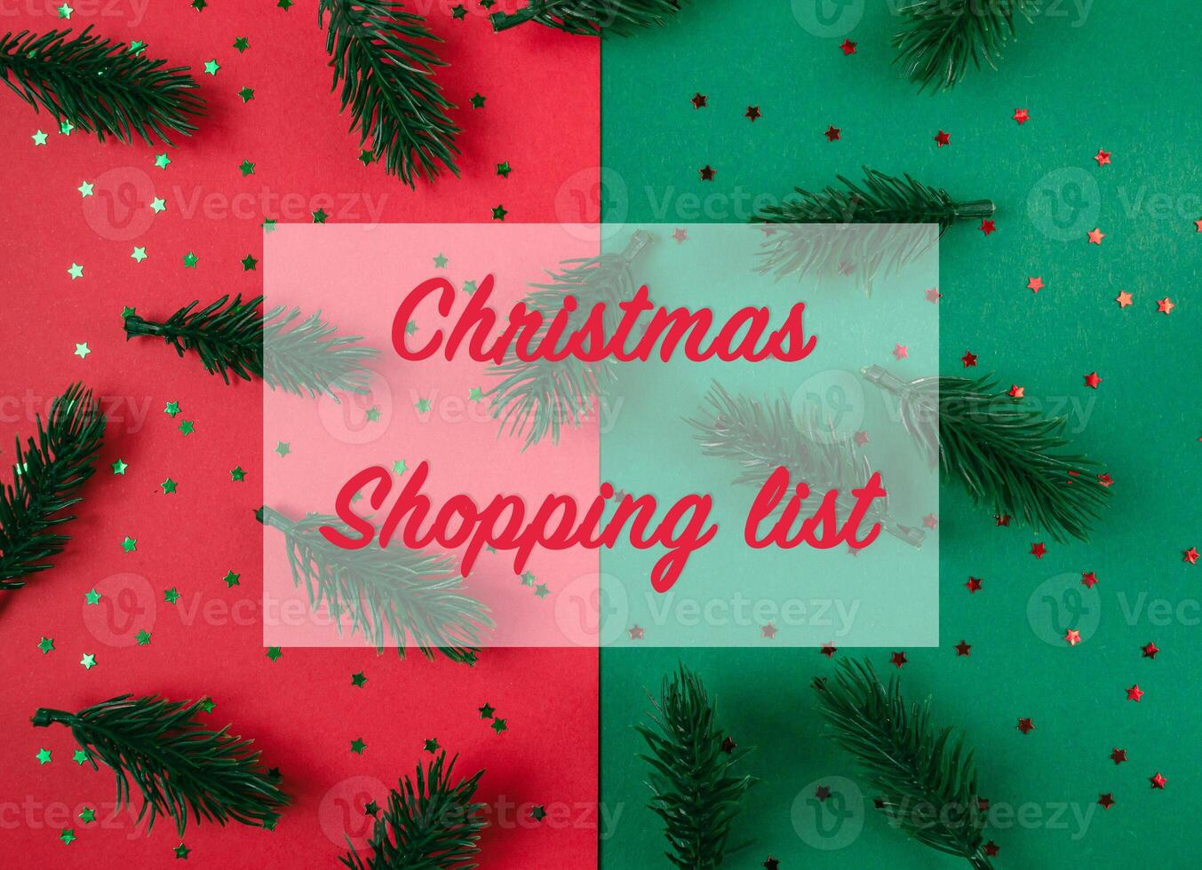 Christmas shopping list is displayed on a red and green background photo