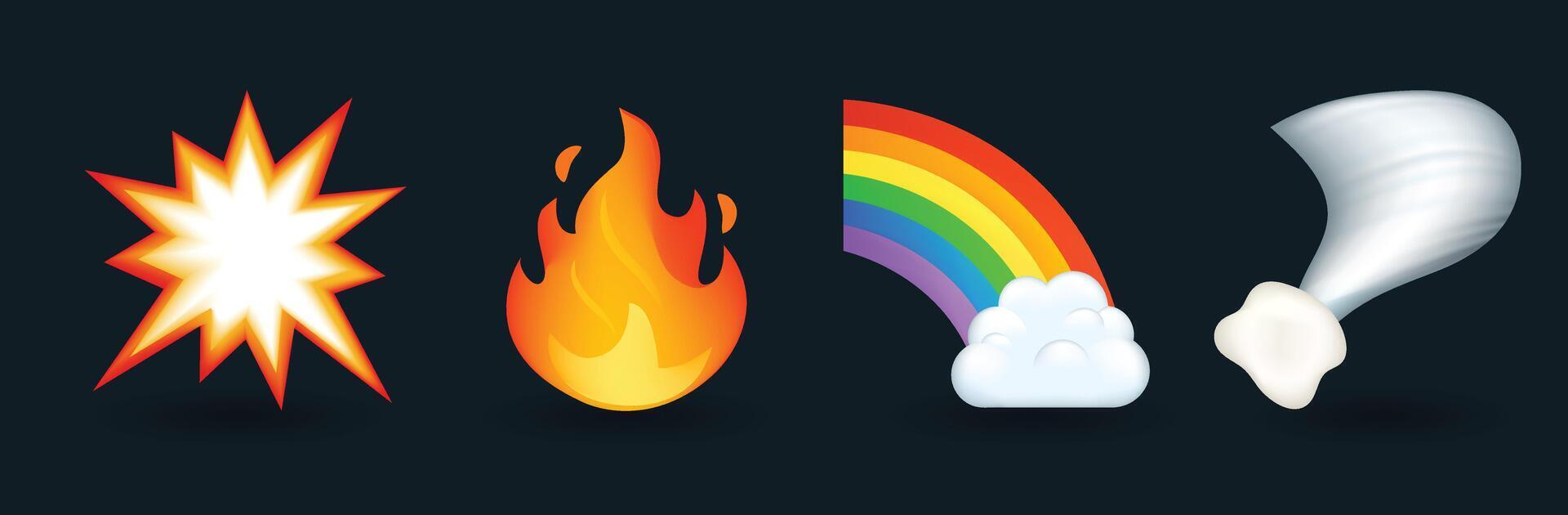 Flash, flame, rainbow and tornado emoji illustration isolated on dark background. 3d illustration vector