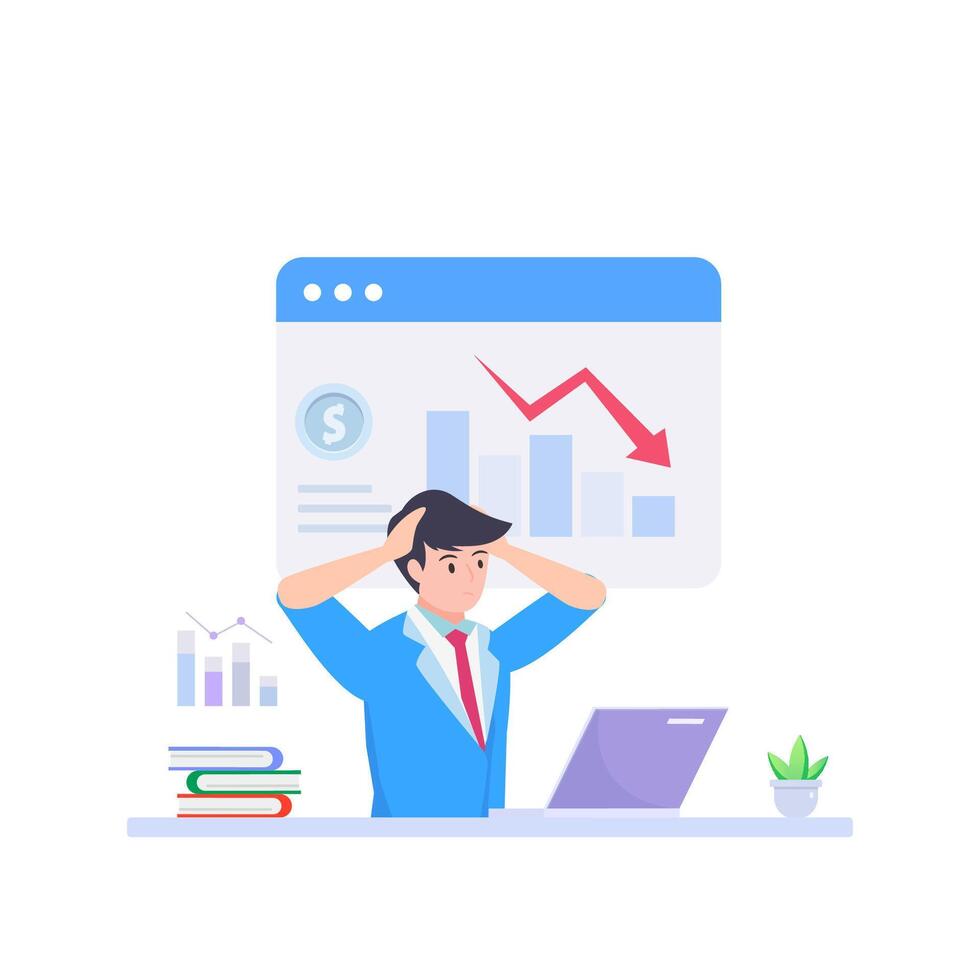 Business fail. Graph down. Sad unhappy office worker. flat cartoon illustration vector