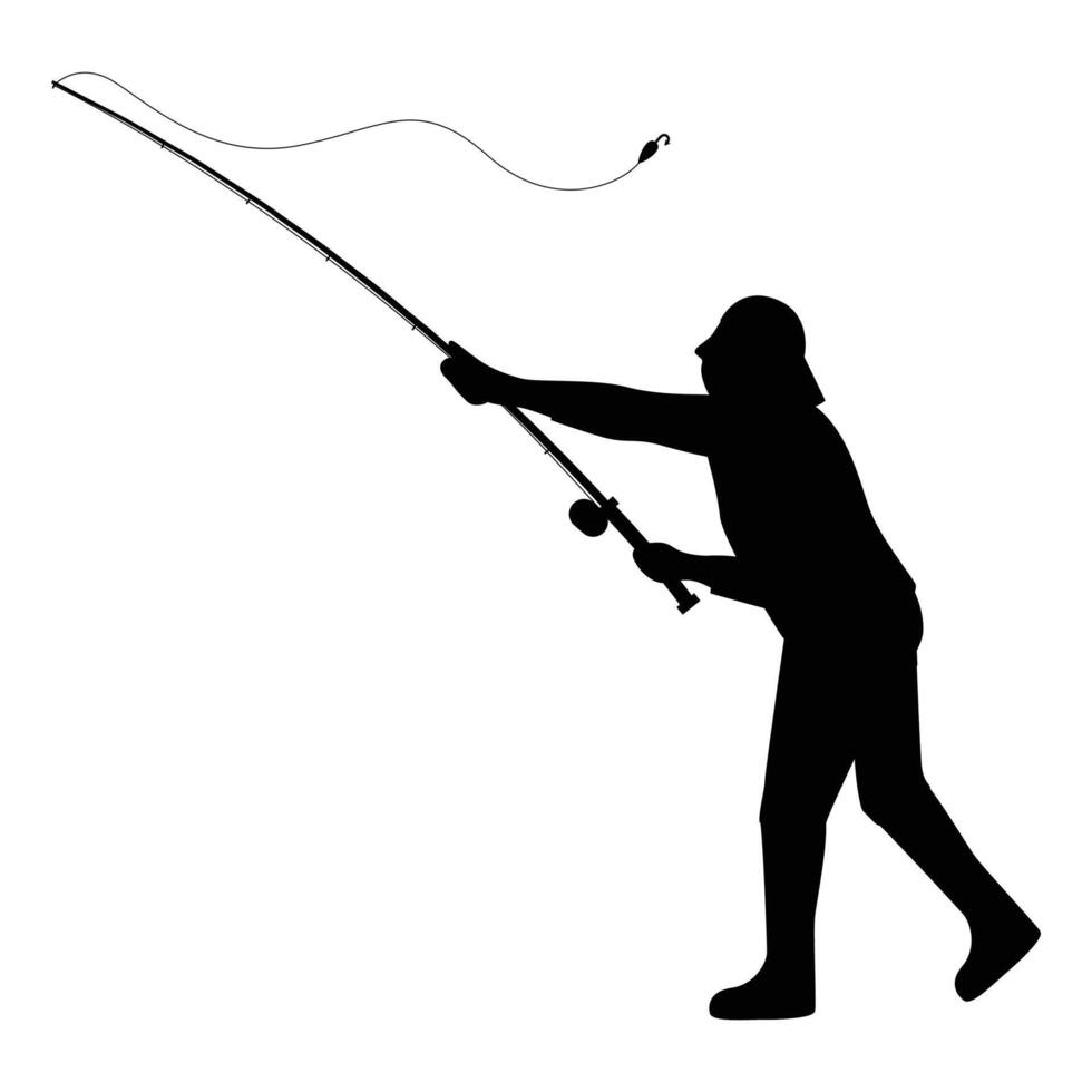 Silhouette of a Fisherman Casting a Fishing Rod vector