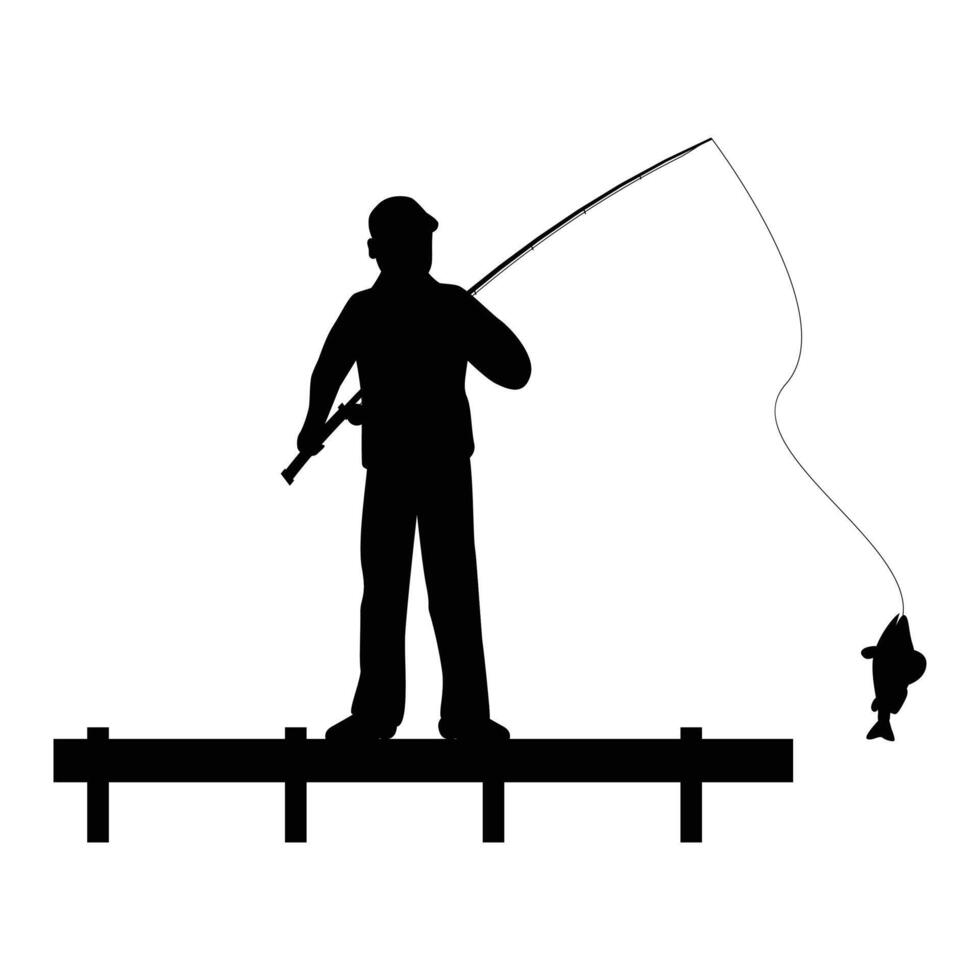 Silhouette of a Fisherman Casting a Fishing Rod vector