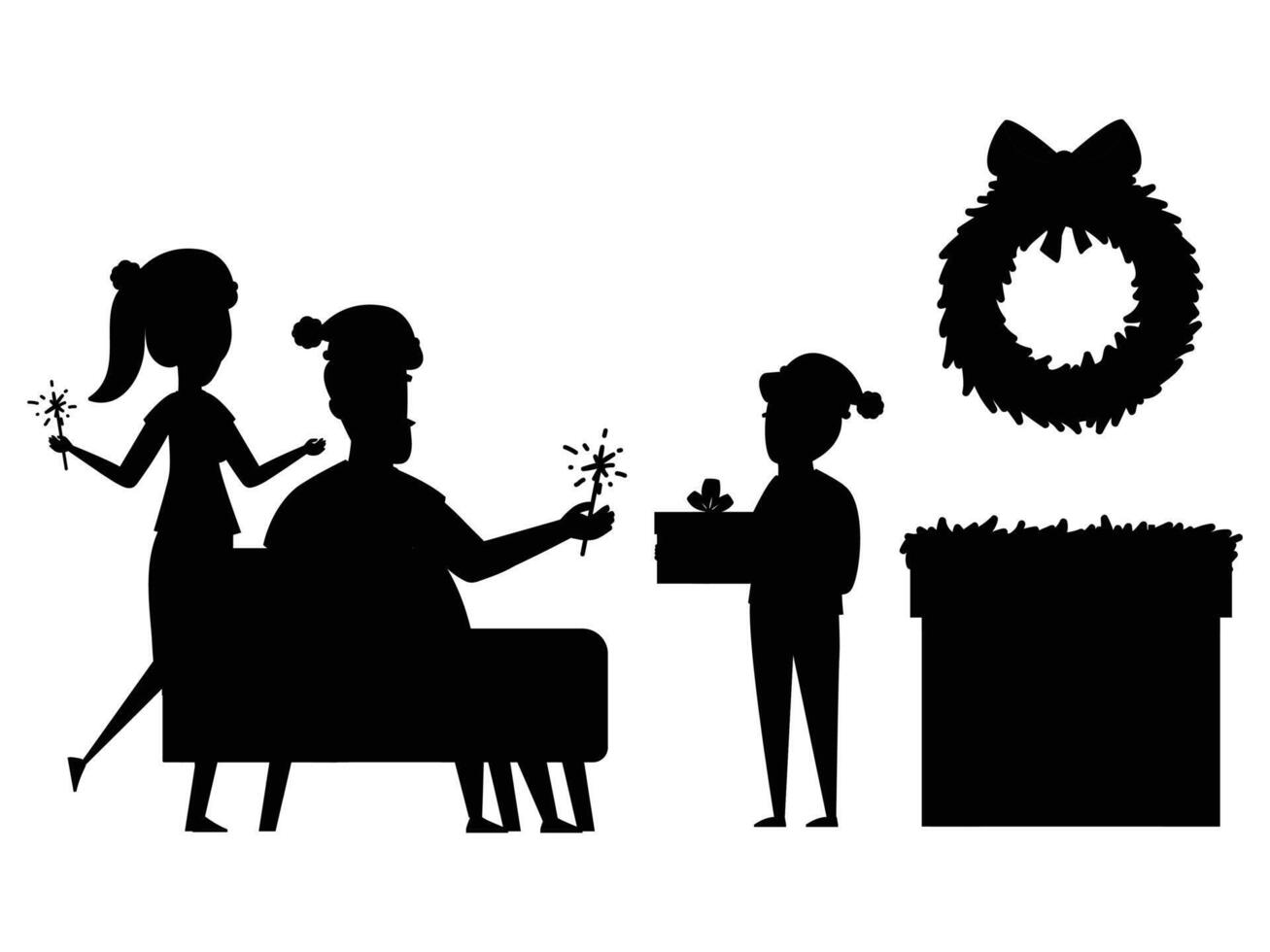 Silhouette of a Family with Kids Decorating Christmas Tree vector