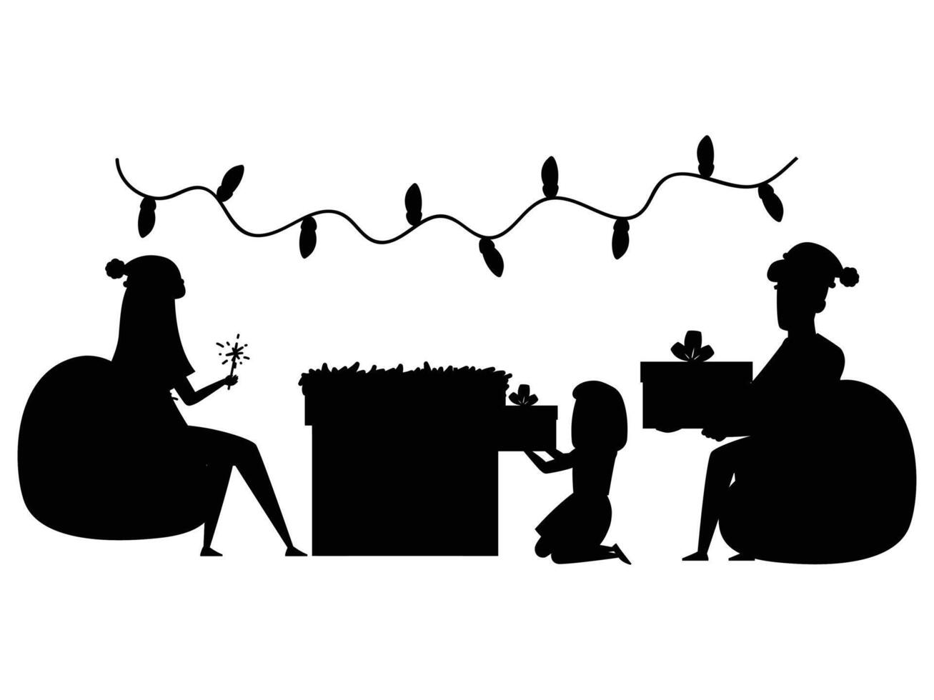 Silhouette of a Family with Kids Decorating Christmas Tree vector