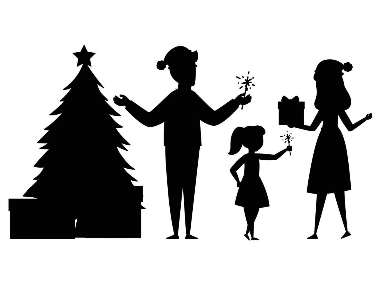 Silhouette of a Family with Kids Decorating Christmas Tree vector