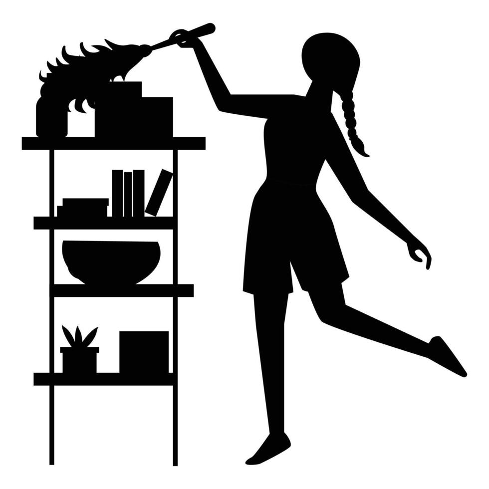 Silhouettes of People Cleaning with Brooms and Mops vector