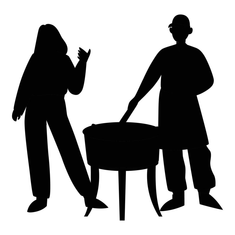 Silhouettes of People Having a Picnic with Outdoor Grill vector