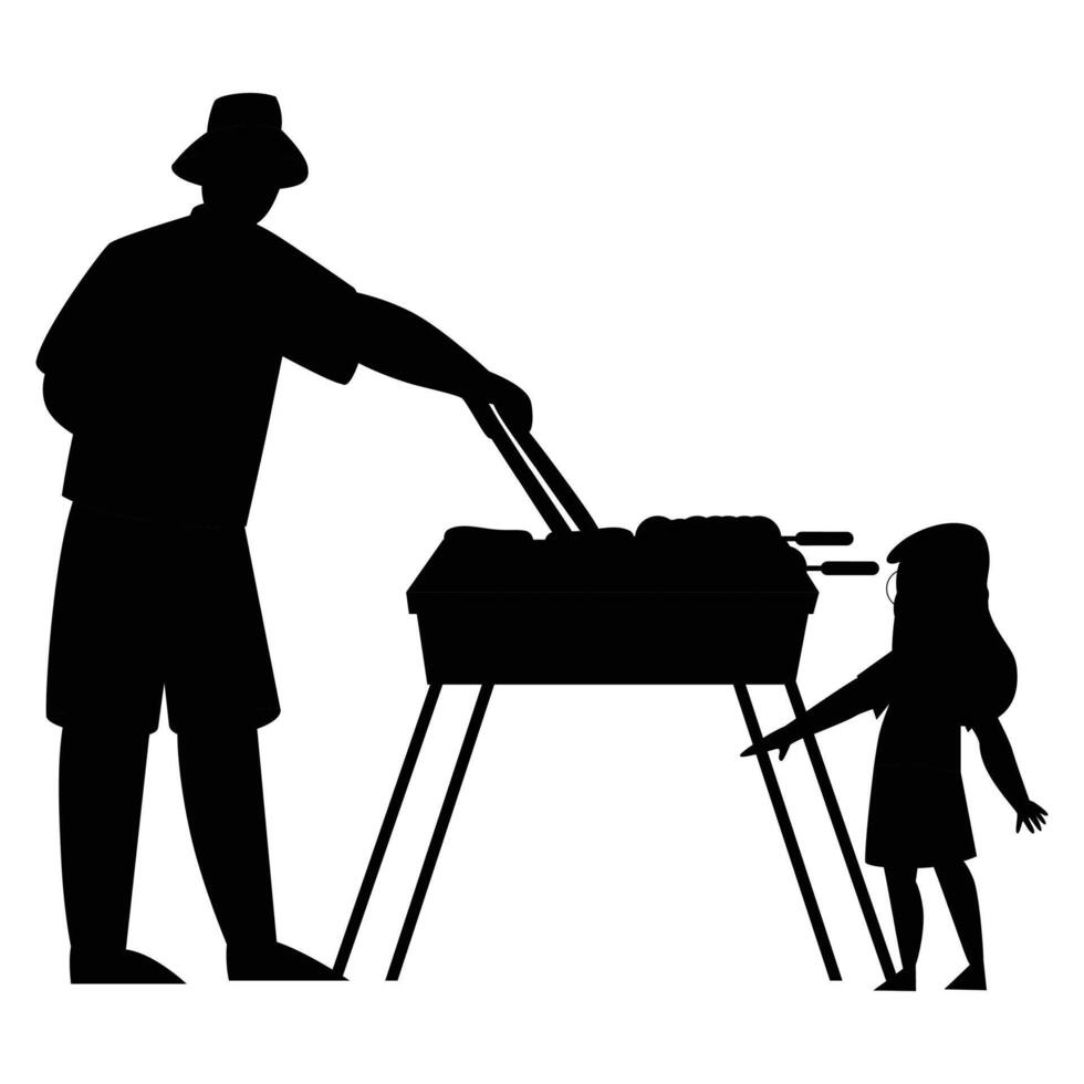 Silhouettes of People Having a Picnic with Outdoor Grill vector