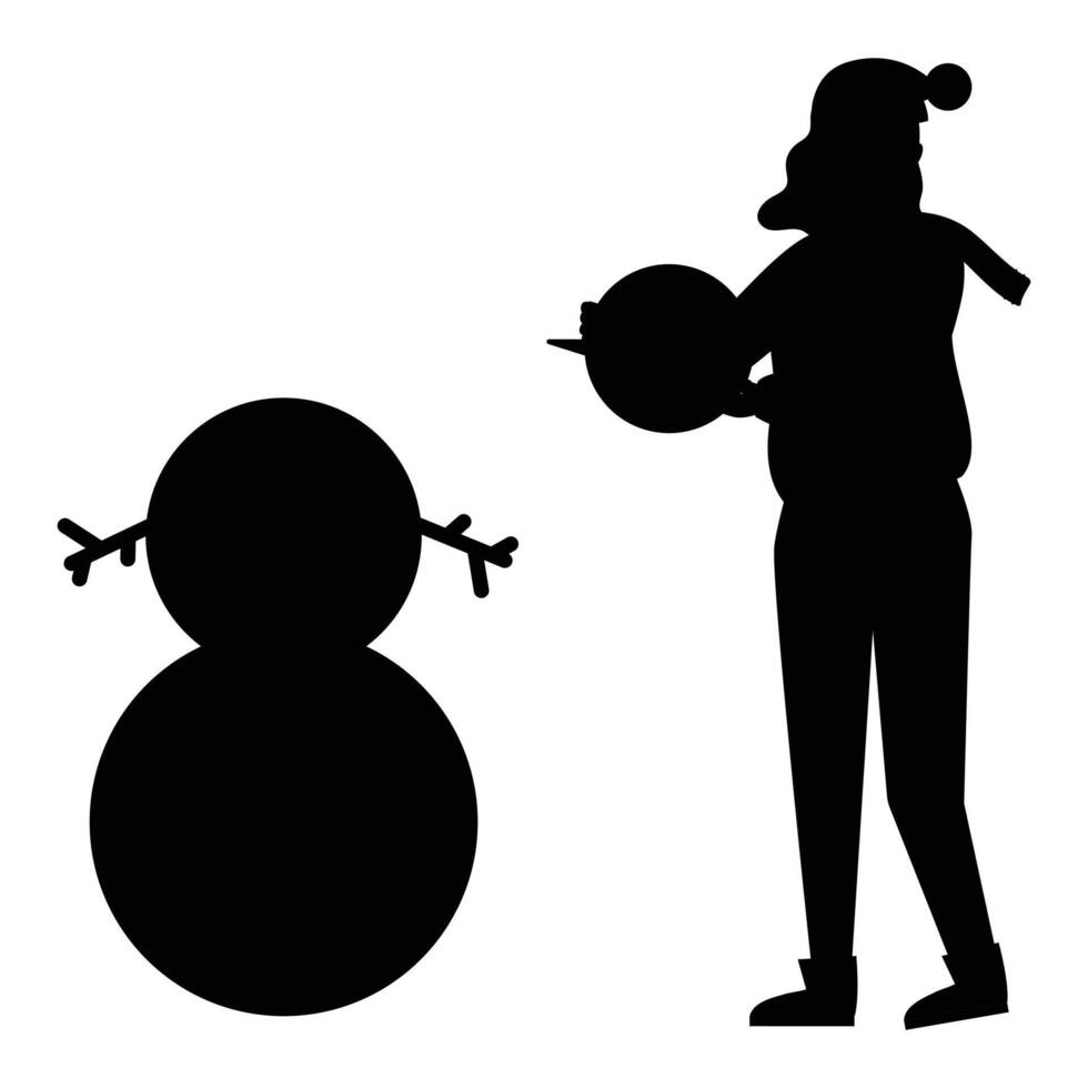 Silhouettes of People Building a Snowman Winter Fun Scene vector