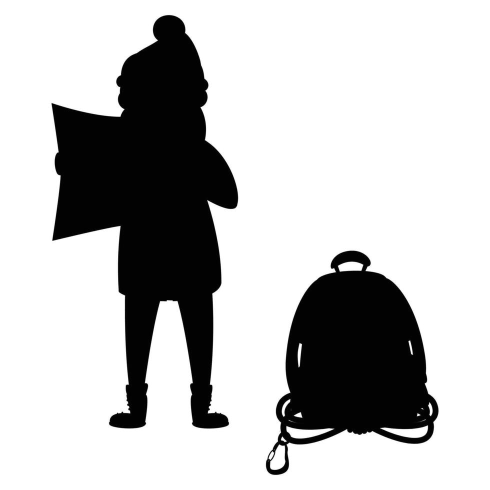 Hiking Silhouette in Snowy Winter Landscape vector