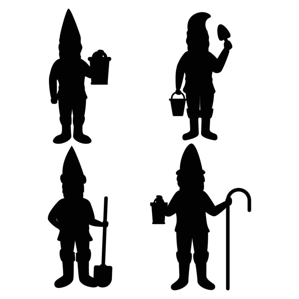 Fantastic Gnome Dwarf Elf Character Black Silhouette Poses vector