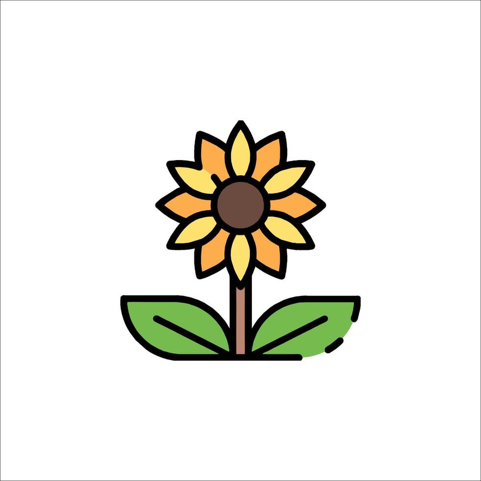 A sunflower with leaves on it is shown in a flat design vector