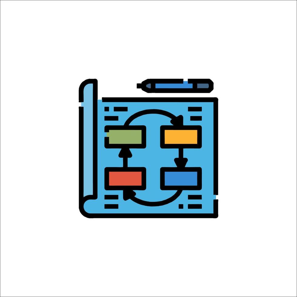 A blue and white icon of a document with a pen and paper vector