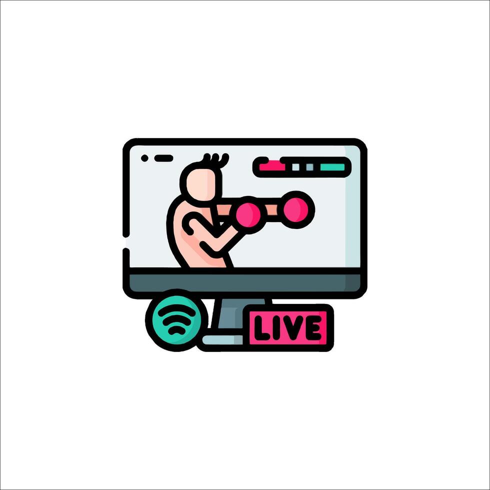 A person is holding a dumbbell in front of a computer monitor vector