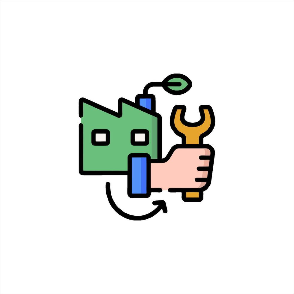 A hand holding a wrench and a green house vector