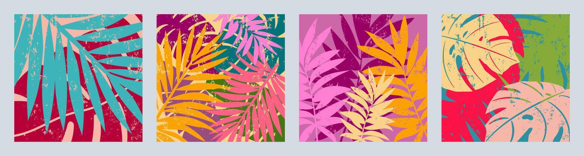 A set of bright, summer backgrounds with tropical leaves. Vintage texture. vector