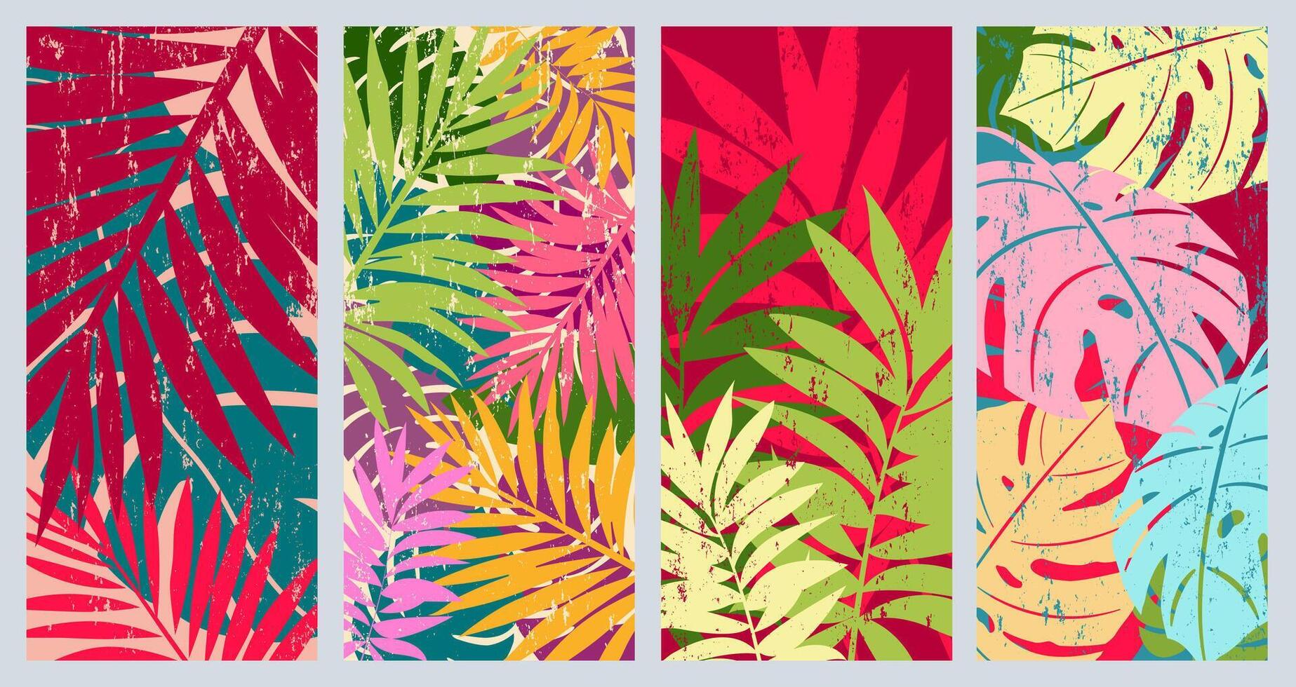 A set of bright, summer backgrounds with tropical plants. Vertical, vintage texture. vector