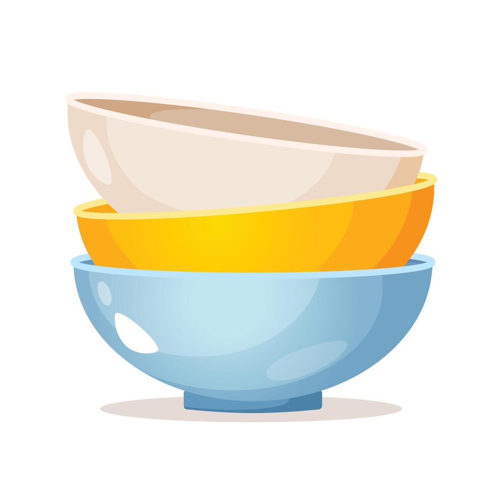 Stack of modern empty porcelain bowls in different colors isolates on white background vector