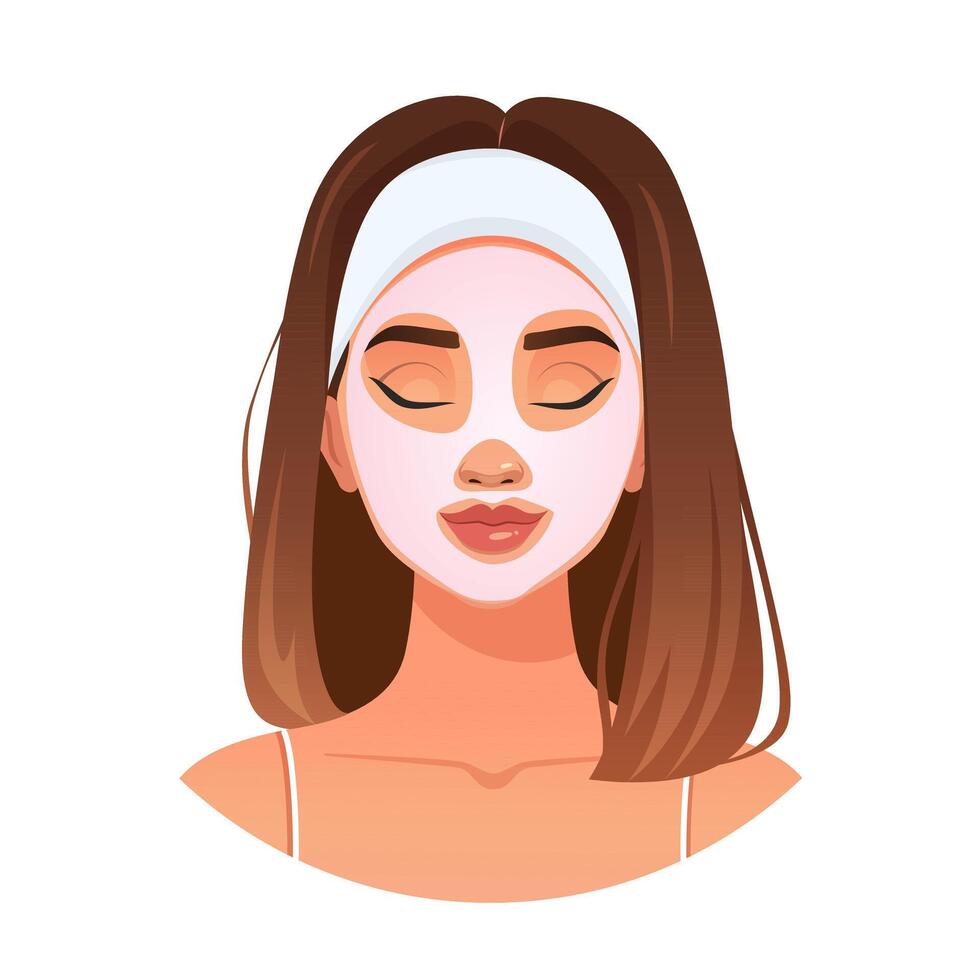 Girl with cosmetic mask on face. Skincare routine vector