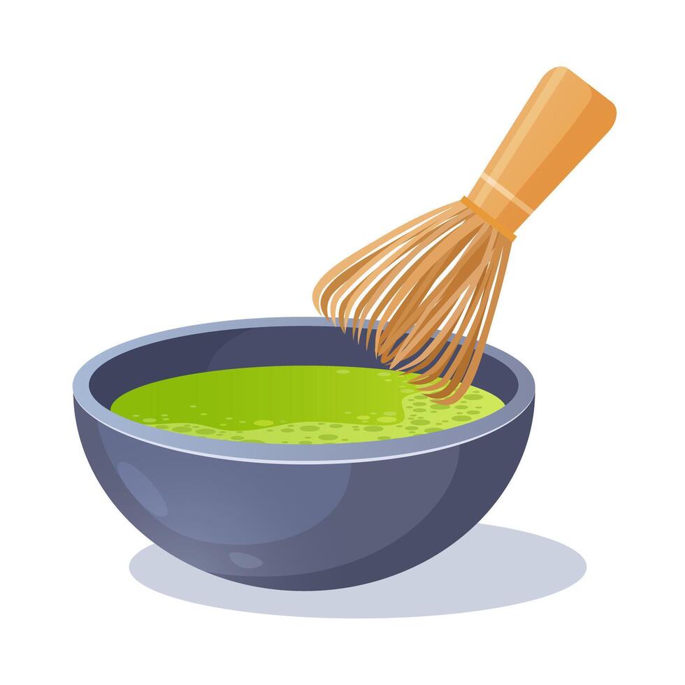Matcha green tea in the bowl whisked with bamboo whisk isolated on white background. vector