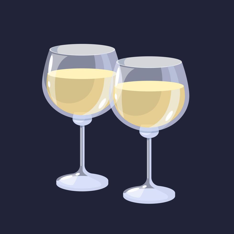 Glasses with delicious white wine isolated on dark background. vector