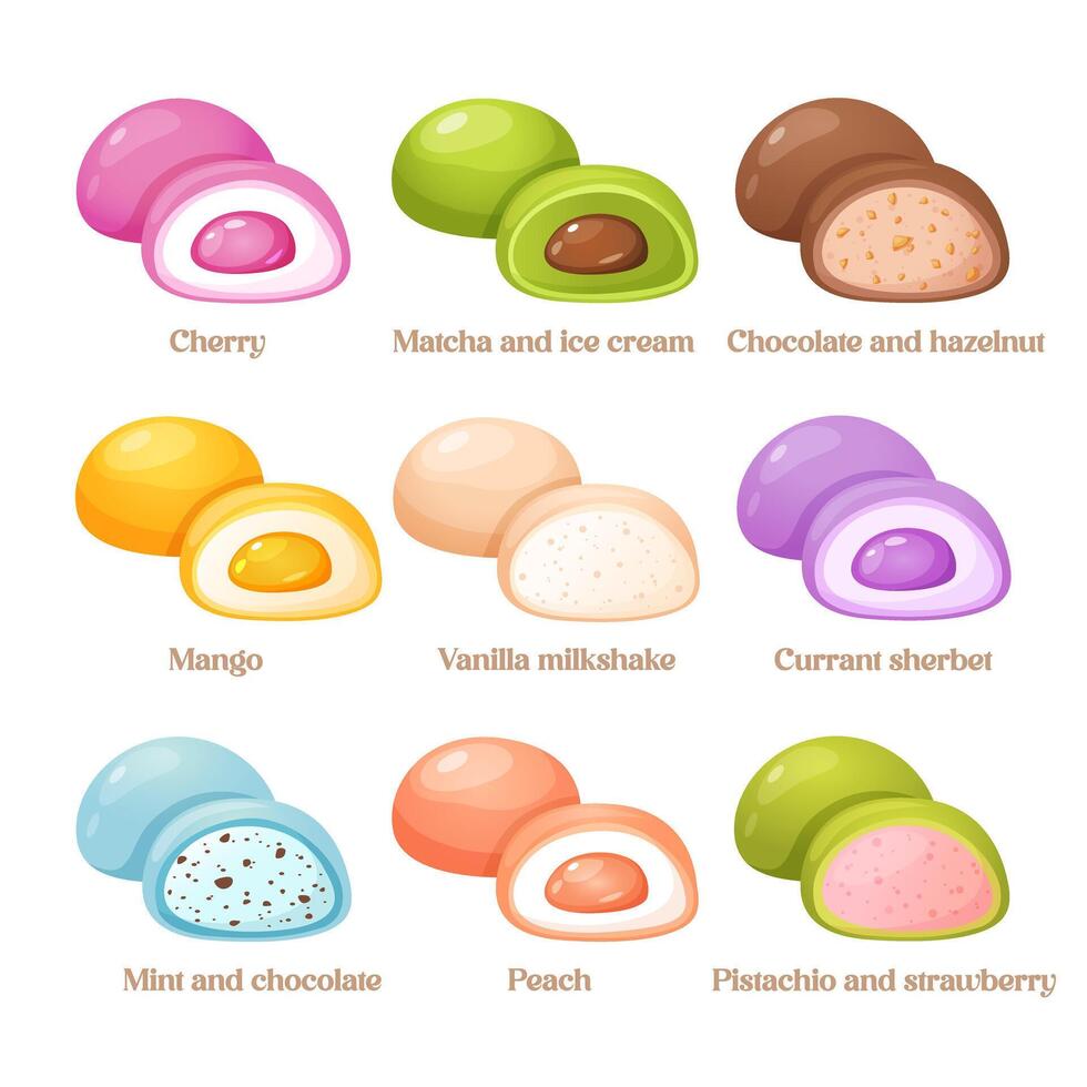 mochi dessert with different flavors. vector