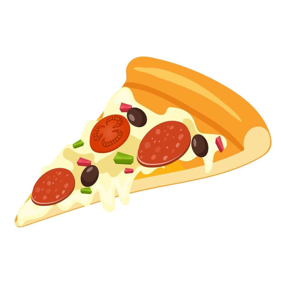 Slice of pizza with cheese, tomatoe slices, sausage, olives, and greens vector